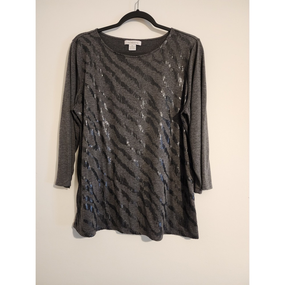 Liz Claiborne Womens XL Gray Sequined Zebra Print Long Sleeve Top Scoop Neck